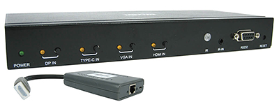4-Port over Cat6 Presentation Switch/Extender Kit - 4K 60 Hz HDMI, DP & USB-C, VGA, UHD, 4:4:4, HDR, PoC, 50 ft., TAA